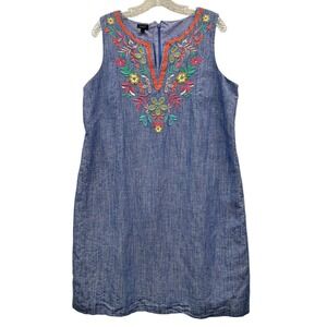 Talbots Embroidered Chambray Linen Blend Shift Dress Floral Boho Summer 14